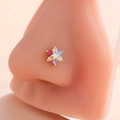 Colorful zircon flower nose stud in gold finish shown on a realistic nose model - Colorful Flower Cluster Style (8#) / Gold