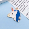Cute white unicorn head alloy pendant with royal blue mane and golden metal finish - Blue Enamel Unicorn Head (11455)