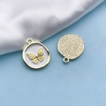 Golden butterfly round pendant with white enamel finish showing front and back details - White Base Butterfly KC Gold Style