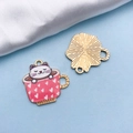 Pink teacup cat alloy pendant with gold plating for creative DIY jewelry making - White Cat Heart Style