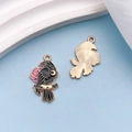 Plague doctor crow charm with black enamel, pink rose and gold moon for DIY jewelry - Left Flower Crow
