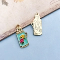Vintage gold alloy thermos charm with green enamel floral patterns for DIY jewelry - Green Thermos Flask (16760)