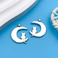 Silver alloy cat and crescent moon charms for DIY necklaces and bracelets making - Antique Silver Moon Cat (5339)