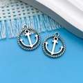 Set of two silver nautical anchor charms with twisted rope texture for jewelry making - Antique Silver Round Hollow Anchor (7047) / 18x15mm