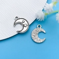 Set of two vintage silver alloy crescent moon pendants with star motifs for DIY jewelry - Antique Silver Moon Style
