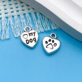 Silver heart-shaped pendant engraved with my Dog text and paw print for jewelry making - Antique Silver My Dog Heart (7277) / 10x12mm