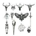Lot de 12 pendentifs gothiques vintage en argent avec crâne chauve-souris et araignée - Collection de Breloques Halloween Assorties (SN458)