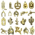 Lot de 20 breloques de cow-boy de l'ouest en métal doré rétro avec cactus et cheval - Nouveau Cowboy Western Or Antique Ensemble (SN822)