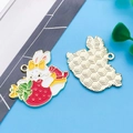 Cute bunny and strawberry enamel charms with gold plating and back grid texture - Strawberry Rabbit 31x24mm