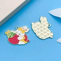 Cute bunny holding strawberry enamel charm with golden back for DIY jewelry making - Strawberry Bunny (18546) / 31x24mm