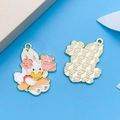 Cute white bunny enamel pendant with pink flower and textured gold metal back - Flower Bunny (18548) / 24x30mm