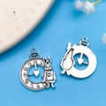 Antique silver Easter bunny clock pendants for DIY jewelry making and necklaces - Alice Rabbit Clock (8286) / 25x31mm
