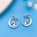 Pair of antique silver moon and rabbit alloy charms for DIY jewelry making sets - Round Moon Star Rabbit Style (15703) / 14x16mm