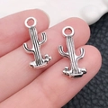 Silver cactus charms for DIY jewelry with vintage finish and small hanging loops - Silver Cactus