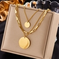 Chic gold double layer titanium steel chain necklace with round pendant charms - Double Layer Square Round Disc (N1798)