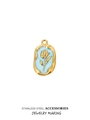 Detailed macro view of gold tulip relief on light blue enamel stainless steel pendant - Blue
