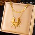 Double-layered 18k gold plated titanium steel sunflower necklace with flat snake chain - Double Layer Bohemian Sun (N2778)