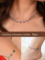 Detalles del conjunto de joyas ojo turco dorado con collar, pulsera y tobillera - Tobillera Azul