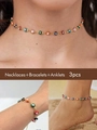 Set detallado de collar, pulsera y tobillera de ojo turco con cuentas de colores sobre oro - Juego de herramientas combinado / Collar Multicolor