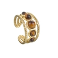 Vintage Ring 18K Gold mehrlagig offen mit braunen Tigerauge-Steinen im Retro-Design - Geflochtener Offener Ring Mit Fünf Tigerauge-Perlen (R617-zong)