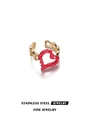 Detalle de anillo abierto de acero dorado con diseño de corazón rojo esmaltado fundido - Estilo Esmalte Corazón Hueco (40113) / Dorado/Rojo