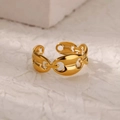 Polished gold coffee bean link open ring on minimalist white textured background - Gold