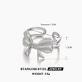 Detail view of silver stainless steel bow ring showing size 1.7cm and weight 2.5g - Silver