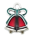 Colgante navideño de campanas esmaltadas rojas con lazo verde y anilla plateada - Estilo Campana Doble