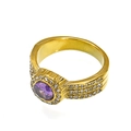 Macro detail of 18k gold plated titanium ring with purple zircon and pave crystal setting - US 6 / Gold Purple Zirconia