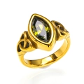Close-up of olive green marquise-cut gemstone and celtic knot details on gold ring - 7 / Gold Olive Green Zirconia