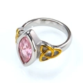 Detailed macro view of silver ring with pink marquise stone and golden Celtic knots - 7 / Two-tone Gold Silver Pink Zircon