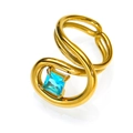 Detailansicht eines 18k vergoldeten Spiralrings mit einem blauen Zirkonia Stein - Einstellbar Offen / Gold Aqua Blau Zirkonia