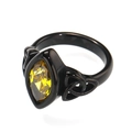 Detail of black punk ring with marquise-cut yellow gem and Celtic knot engraving - 7 / Black / Amber Yellow Zirconia