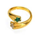 Detailed macro view of bypass star ring in 18K gold finish with green and clear zircon - US 6 / Green & White Double Star Wrap-Around Style (Gold Style 14)