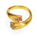 Detailed view of open star ring with pink and white cubic zirconia in gold plating - US 6 / Pink & White Double Star Meteor (Gold Style 12)