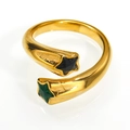 Macro detail of gold-plated star ring featuring black and green zircon stone accents - US 6 / Black & Green Double Star Style (Gold Style 7)