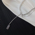 Hip-hop necklace featuring pearl and metal chain layers with a ruler scale pendant - Splicing Scale Pendant Style (KO-121)
