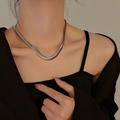 Minimalist silver flat snake chain necklace made of polished titanium steel for women - 6mm Width / Silver