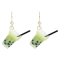 Cute green matcha milk tea cup earrings with black pearls and gold hooks for women - Green