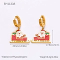 Detail of Christmas Santa on red sleigh enamel earrings with 23.5mm width and gold finish - Santa Sleigh Earrings (EH11338) / 18K Gold Plated