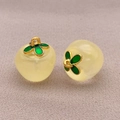 DIY yellow glass persimmon charms with green clover leaf cap for jewelry making - Transparent Yellow