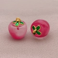 Pink and peach glass persimmon pendants with green enamel leaf and golden ring loop - Transparent Dark Pink