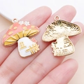 Cute pink mushroom house charm in enamel and gold metal for DIY jewelry making - Orange Enamel Mushroom House (20284)