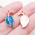 Blue enamel leaf charm pendant with rose gold finish for DIY jewelry crafting - 12x20mm / Blue Leaf (9953)