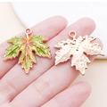 Maple leaf charm in yellow-green gradient enamel and rose gold textured metal back - 29x28x3mm / Large Green Thanksgiving Maple Leaf (25063)