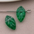 DIY translucent emerald green glass leaf charm with detailed veins for jewelry making - Transparent Dark Green Evergreen Leaf (26893) / 11x7mm 1mm Hole