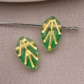 Leaf shaped green glass beads with gold veins for DIY jewelry making and bracelets - Leaf Style (26687) / 1 Piece (1mm Hole) / Transparent Green With Gold Trim