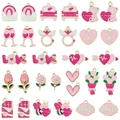 Pack de 24 dijes esmaltados rosas de San Valentín con tulipán y oso para bisutería DIY - Juego Serie San Valentín Rosa (SN1658)