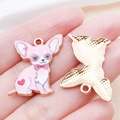 Pink enamel chihuahua charm with red heart and gold alloy back for DIY jewelry - Pink
