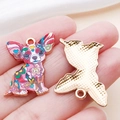 Cartoon Chihuahua dog alloy pendant with colorful floral enamel patterns for DIY jewelry - Pink